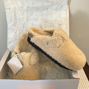 Papillio Tan Fleece Clogs Boston Birks
